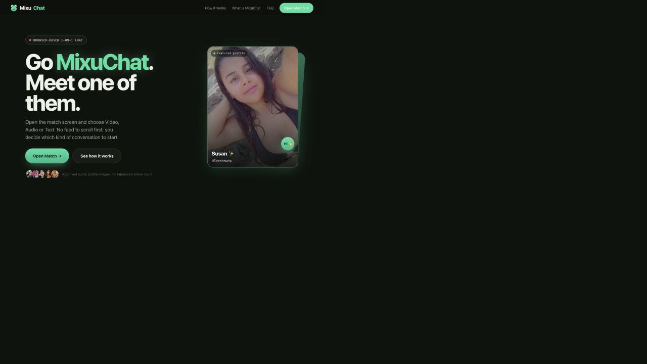 MixuChat public homepage showing the Open Match action